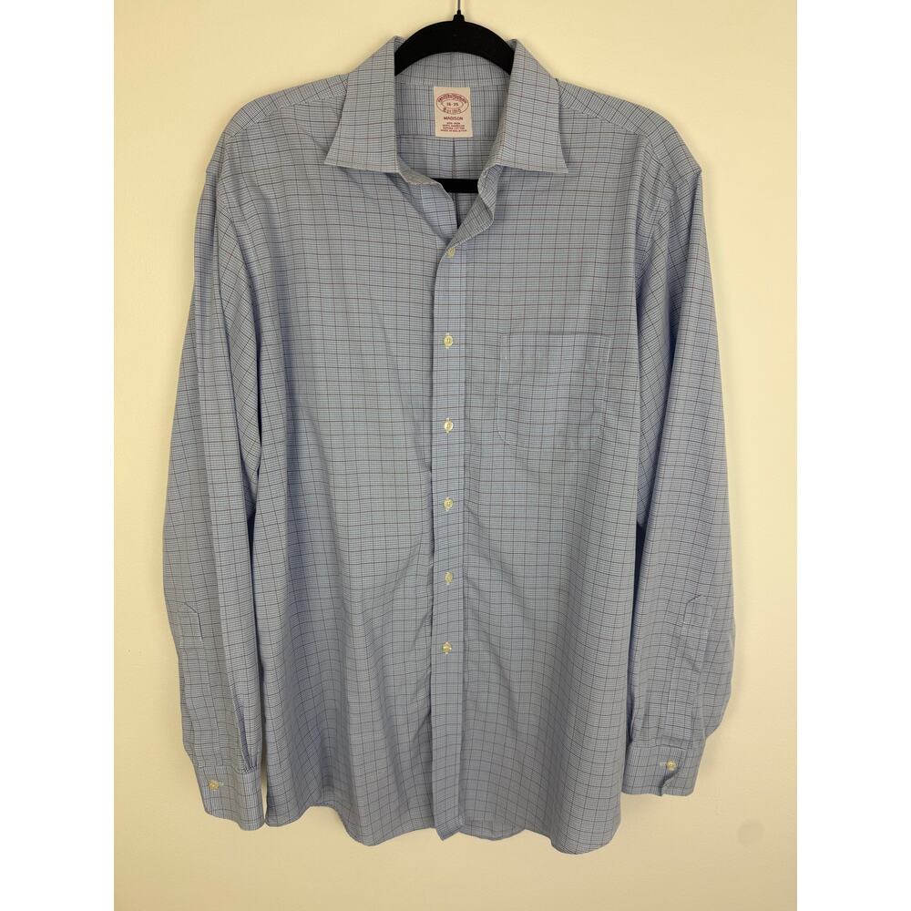 Brooks Brothers Mens Blue/White Plaid Button-Up 100% Cotton Non-Iron Shirt 16-35
